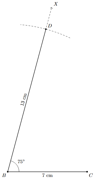 Step 3: A point D is marked on ray BX such that BD = 13 cm.